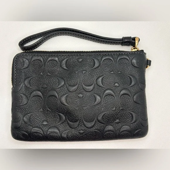 Coach Signature Black Leather Wristlet Wallet Embossed Logo Gold Hardware EUC - Picture 2 of 7